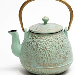 Top tier Elegant Mint Green Leaf Cast Iron Teapot with Gold Handle